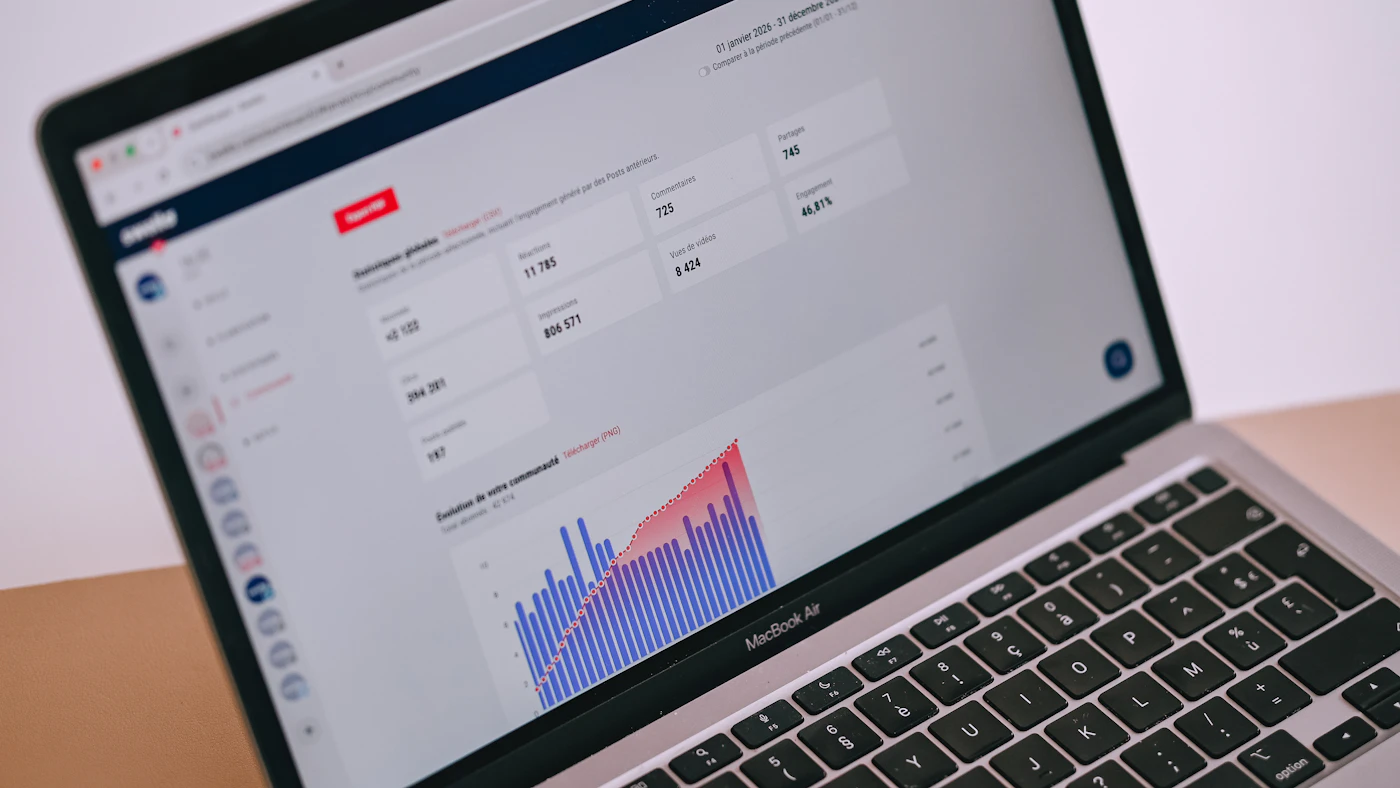 A laptop showing digital marketing analytics and social engagement data.
