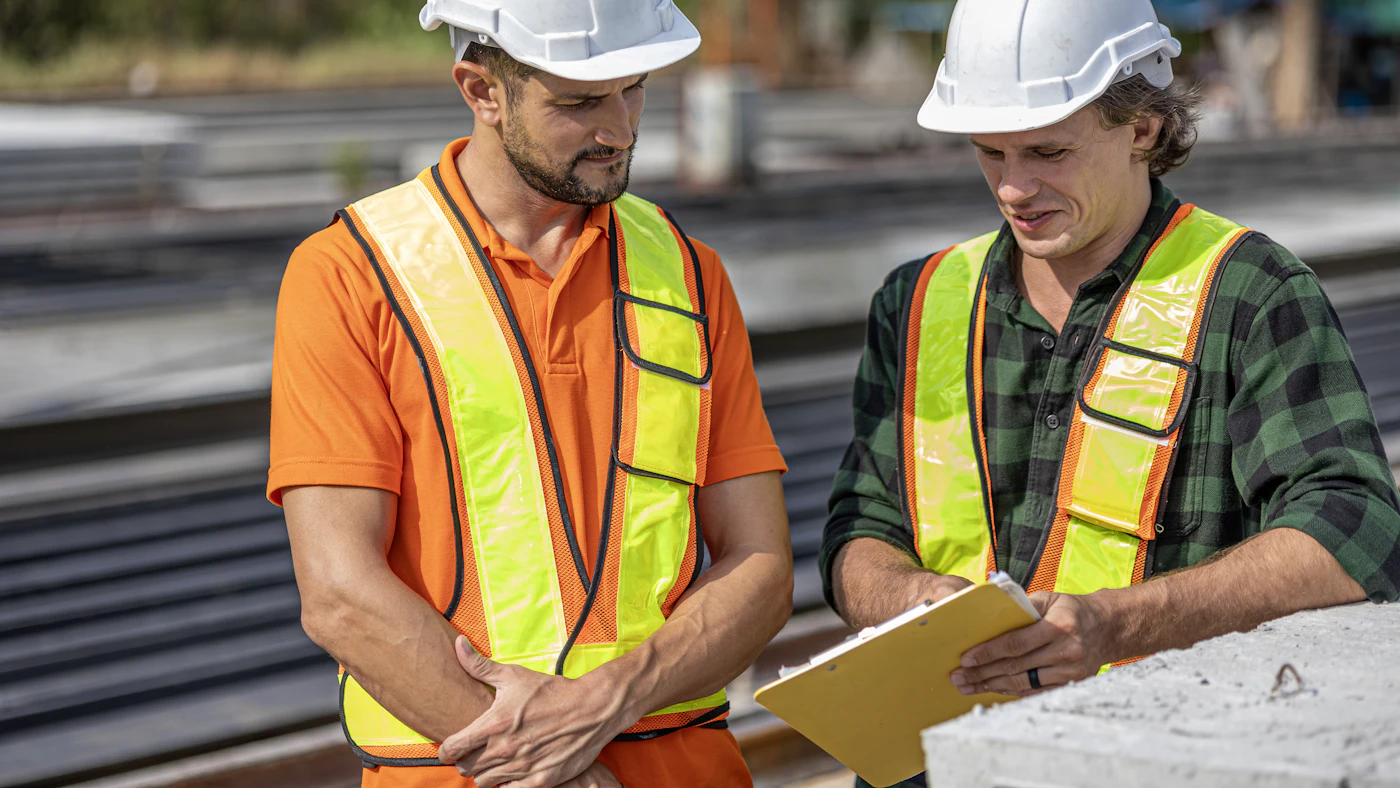 Two construction professionals reviewing plans at a work site.