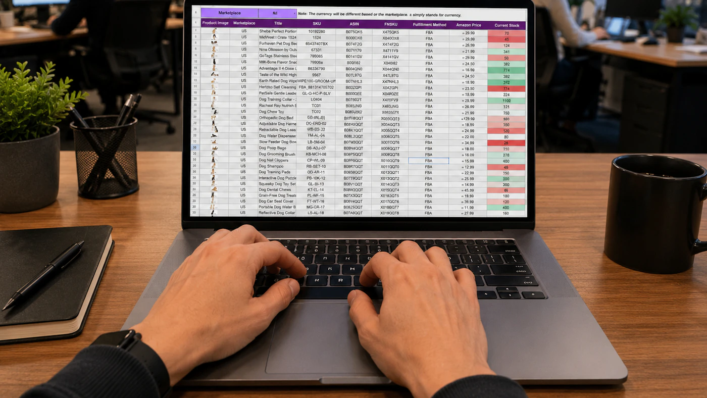A person entering data into a spreadsheet on a laptop.